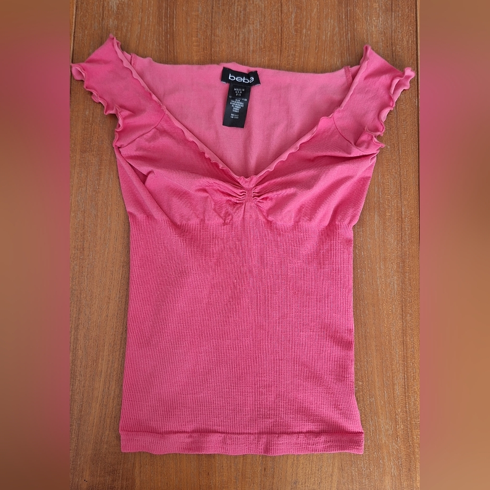bebe Y2K Off Shoulder Top Lettuce Hem Nylon Romantic Coquette Kawaii Pink Small